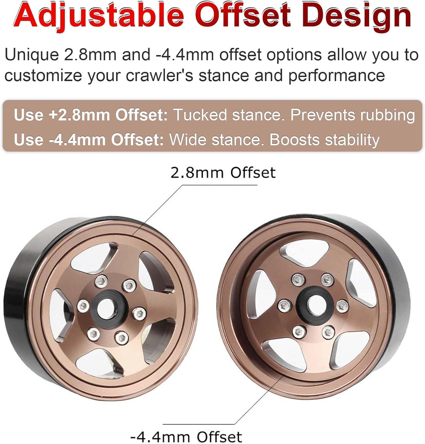 1.55 inch Beadlock Wheels +2.8mm/-4.4mm Adjustable Offset Rims for 1/10 1/12 RC Crawler Car LC70 LC80 JIMNY (5-Spoke, Silver)
