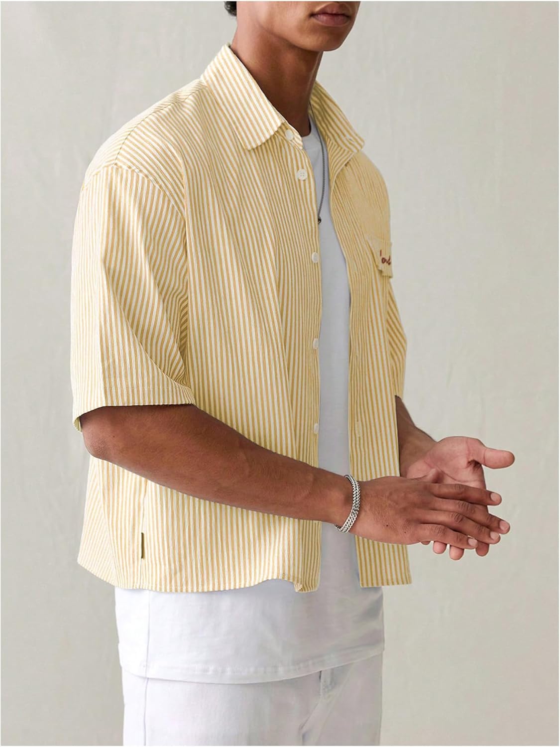 GORGLITTER Men's Striped Button Down Up Cropped T Shirt Short Sleeve Letter Summer Vacation Shirts Boxy Tees Streetwear - Image 3