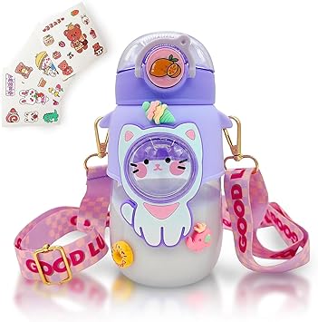 Kawaii Water Bottle Cute Water Bottles for Girls, Kawaii Water Bottle with Straw and Adjustable Strap, Portable Leakproof BPA-Free Drinking Bottle for School Outdoor Sports Travel, 24oz Purple Cat