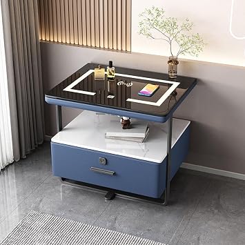 Smart Nightstand with Wireless Charging Station and Fingerprint Lock, Smart Bedroom Sofa Side Table with Tri-Color LED Light, Modern Nightstand, Smart Desk.,Blue