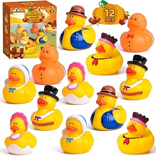 FUN LITTLE TOYS 12 PCS Thanksgiving Rubber Ducks in Bulk for Kids, Assorted Rubber Duck Turkey & Pilgrim Toy Duckies for Fun Bath Toys, Thanksgiving Party Favors, Thanksgiving Themed Bathtub Toys