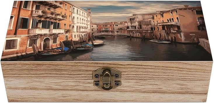 Personalized Wooden Keepsake Box Beautiful Venice Canal View Wooden Box with Hinged Lid Large Decorative Storage Boxes Exquisite Memory Boxes for Photos, Trinket Letters Jewelry