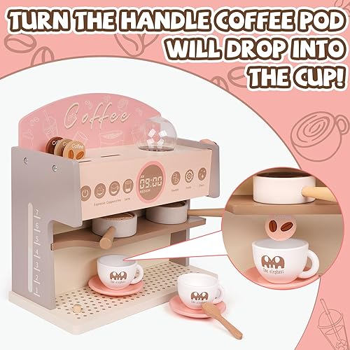Miniatura 3 de Cafetera de madera para niños, juego de máquina de café espresso con molinillo para niños pequeños, accesorios de cocina Montessori, juguete de