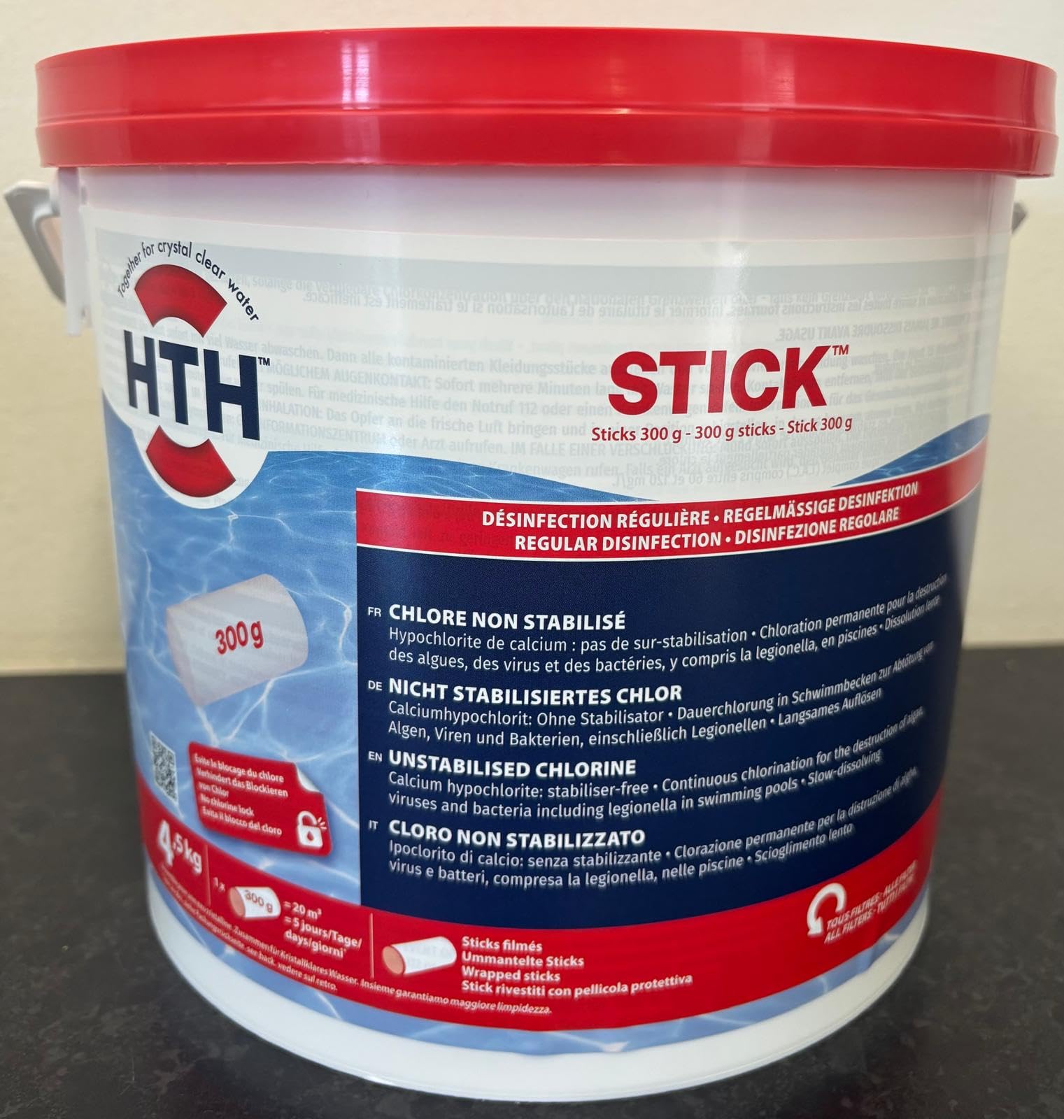 HTH Stick Pastilles de chlore non stabilisées 300 g 4,5 kg Traitement de l'eau de piscine