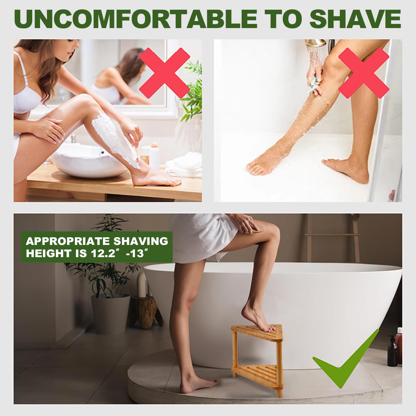 Taburete de ducha de esquina de bambú, taburete de ducha impermeable de 2 niveles para patas de afeitado de ducha interior, espacios pequeños, reposapiés de ducha con estante de almacenamiento, banco