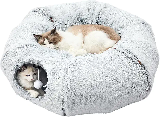 JIUPETY Plush Cat Tunnel Bed - Foldable Playground with Dangling Balls for Indoor Pets