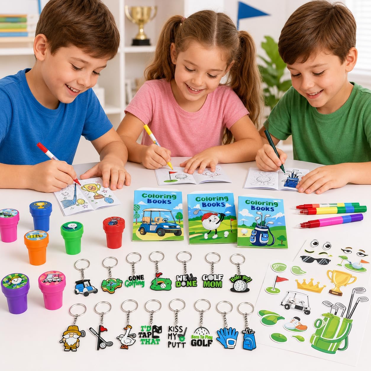 Cinrobiye 72 Pcs Golf Party Favors Set, Hole in One Birthday Party Supplies with Coloring Books, Crayons, Tattoos, Stampers, Stickers and Keychains, Golf Themed Goodie Bag Fillers for Kids image 5