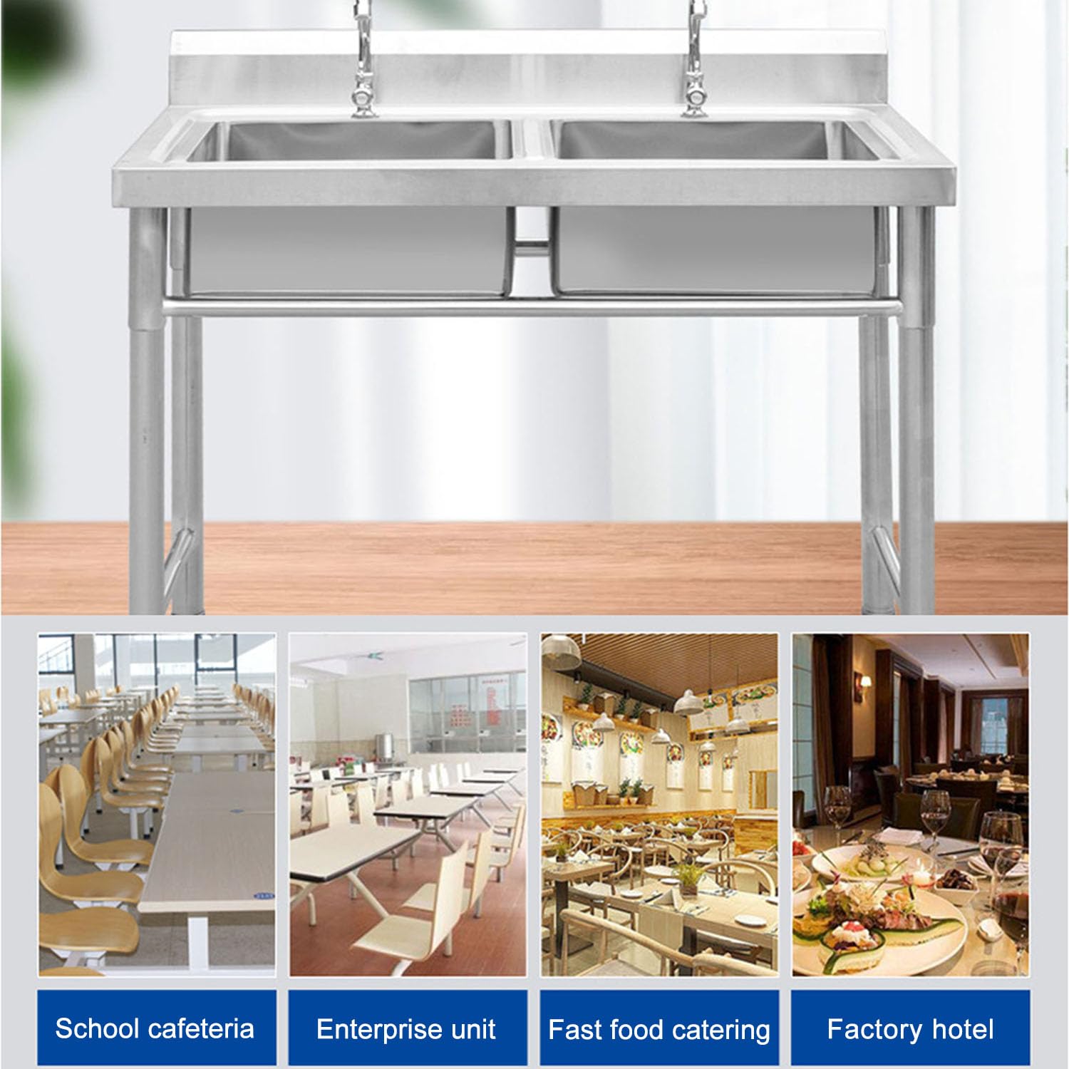 Fregadero de Cocina Independiente Fregaderos de Dos Senos, Fregadero de Acero Inoxidable Industriales con Grifo, Patas Acero, Fácil de Instalar, para Cocina, Restaurante
