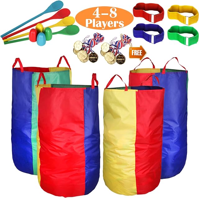 Sports Day Kit Outdoor Games Potato Sack Race Bags for Kids and Adults, Egg and Spoon Race Games, 3-Legged Race Bands, Game Prizes, Outside Backyard Field Day Birthday Party Games for Kids and Family