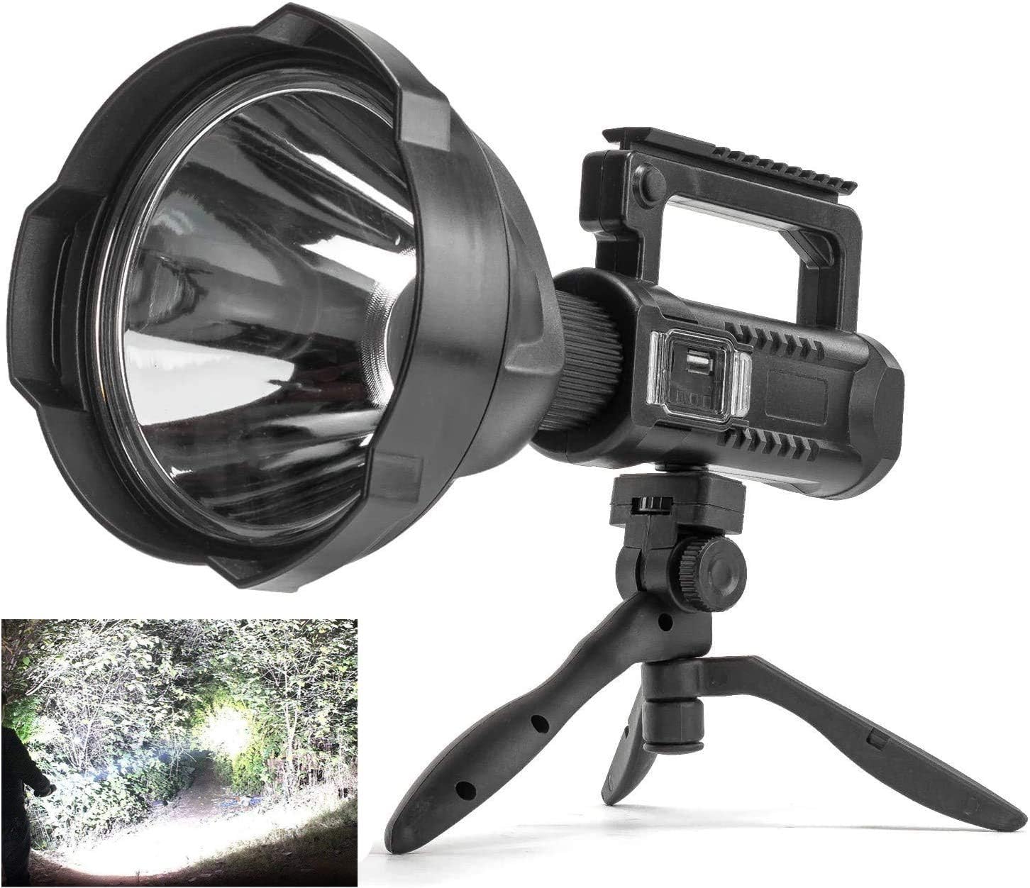 Rechargeable Spotlight Flashlight High Lumens，90000 Lumens Brightest Led Searchlight with Tripod and USB Output, IPX5 Waterproof 4 Modes Handheld Work Lights for Camping Emergencies