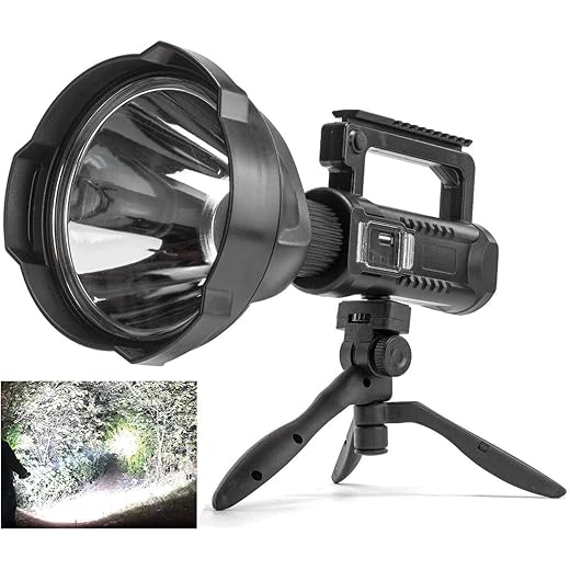 Rechargeable Spotlight Flashlight High Lumens, 150000 Lumens Super Bright Led Searchlight with Tripod and USB Output, IPX6 Waterproof 4 Modes Handheld Spotlight for Camping Emergencies