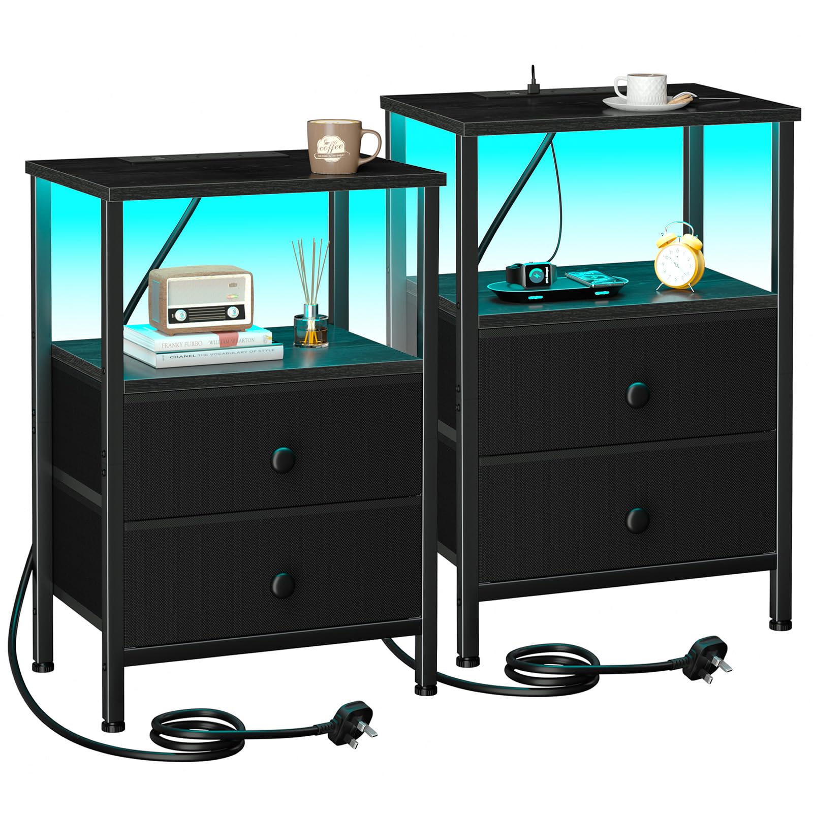 AMHANCIBLE Bedside Table Set of 2 with Charging Station, Small Side Table with LED Light, Nightstand with 2 Fabric Drawers and Open Storage Shelf, Bedside Cabinets for Living Room, Black HETS02BK