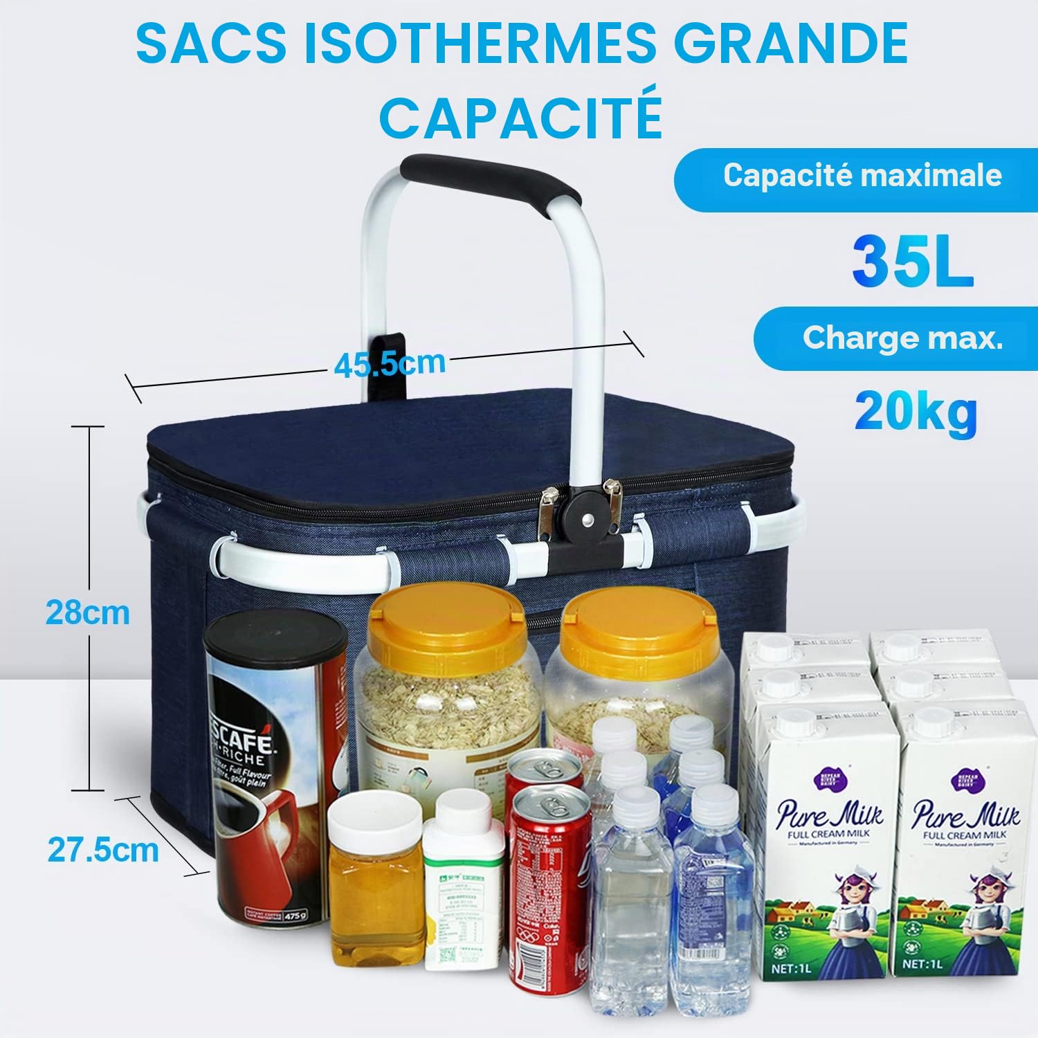 ABIUBIU Sac isotherme 34 l - Grand panier isotherme - Sac isotherme pour le bureau, le camping, le pique-nique, les voyages, avec support latéral