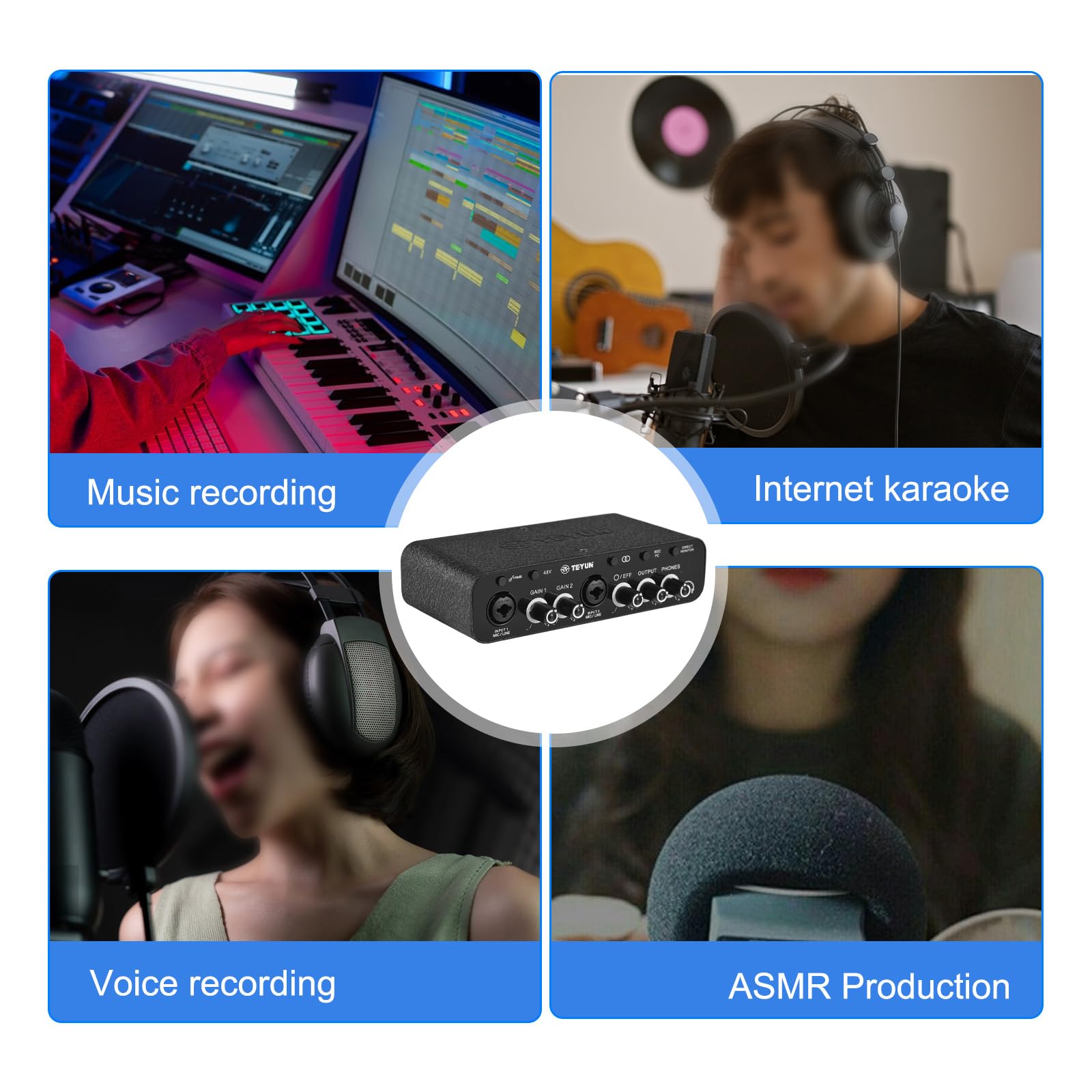 Interfaz de audio USB para grabación Tarjeta de sonido con doble XLR Alimentación de 48 V Efecto de reverberación Plug 384 KHz para transmisión de podcasts Vocalista de karaoke en línea