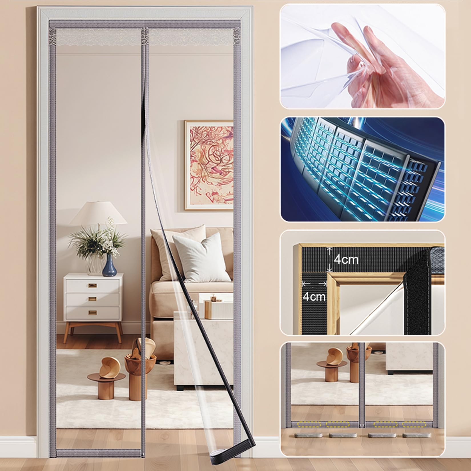 Rideau de Porte Isolation Thermique,Rideaux Anti Froid en Hiver,Couverture de Porte Entrée Transparent Panneau Imperméable Coupe-Vent,Fermeture Automatique,sans Percage (80cm x 220cm,Gris)