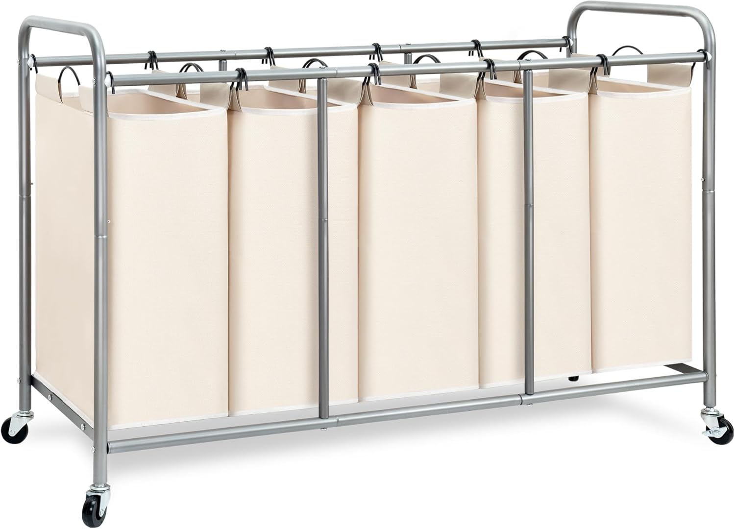 STORAGE MANIAC 5 Section Laundry Sorter, 5 Bins Rolling Separator Laundry Basket, Dirty Clothes Hamper Divider with Heavy Duty Rolling Lockable Wheels, Large Clothes Organizer Cart, Gray