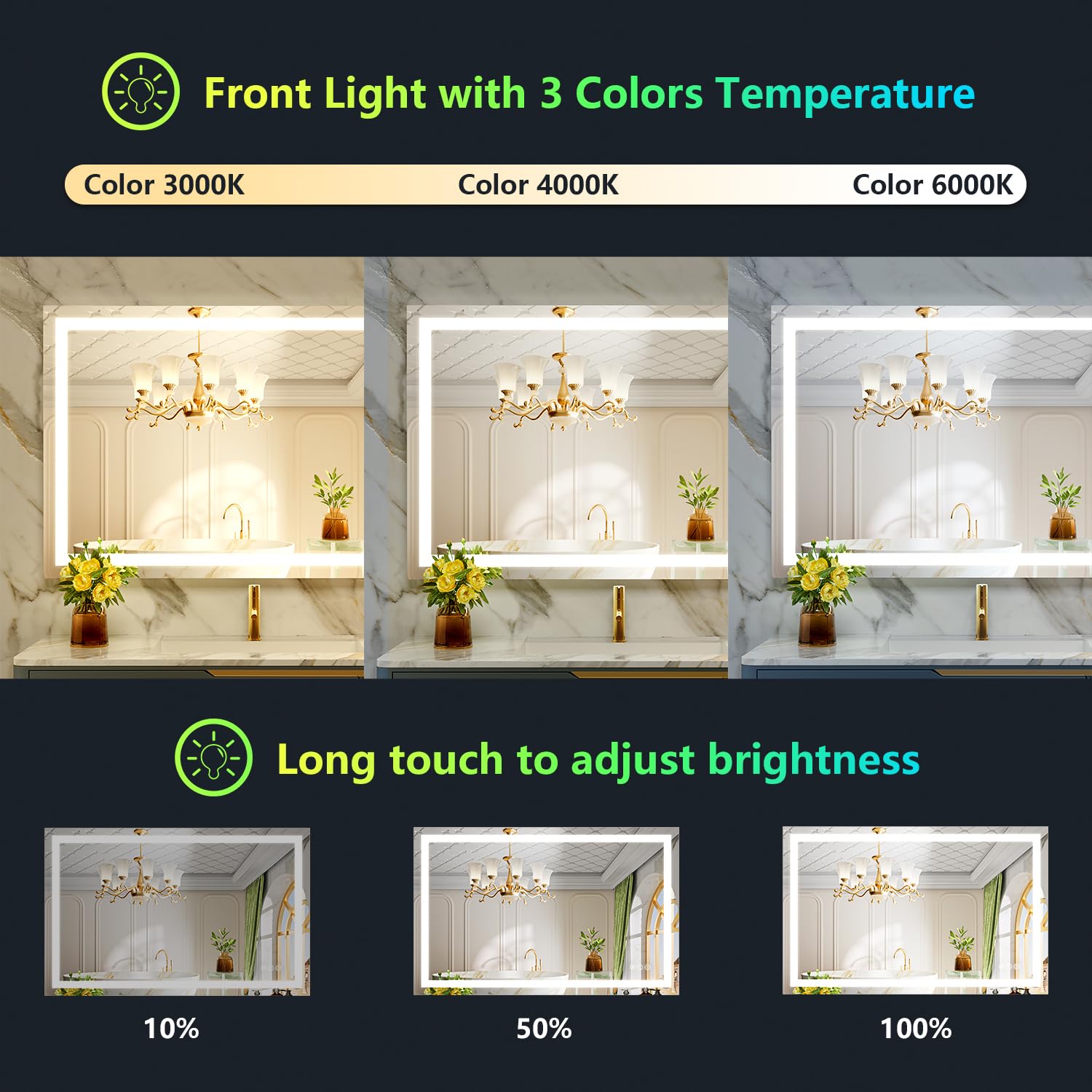Lustro łazienkowe RGB LED 112 x 81 cm, przednie światło i podświetlane RGB lustro do łazienki, ściemniane i przeciwmgielne, odporne na pękanie, IP54, wodoodporne, poziome/pionowe