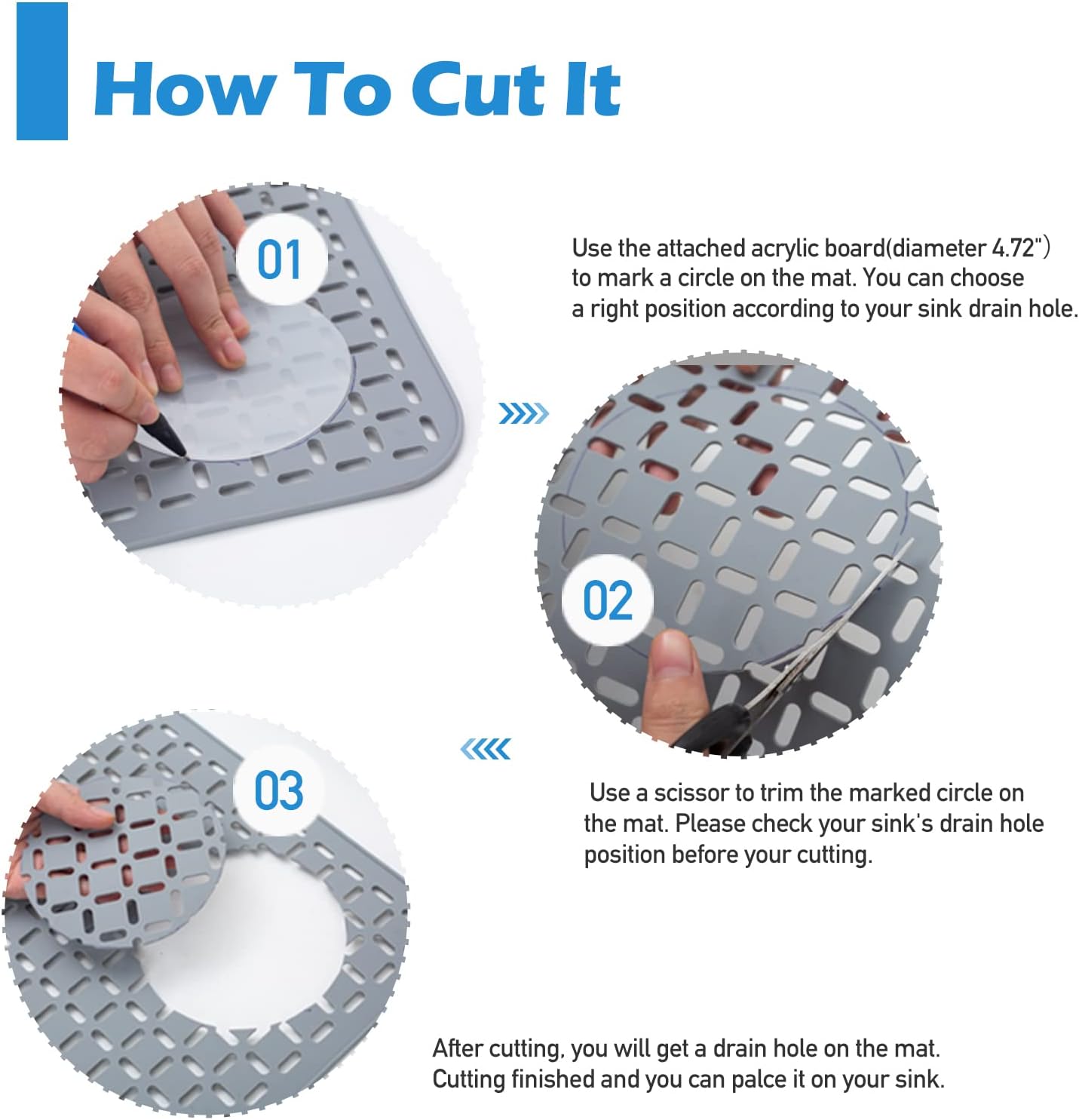 Silicone Sink Mat 26''x14'' Kitchen Sink Protector Mat With DIY Drain Hole, Grey Farmhouse Silicone Sink Mat Protector 1pcs Kitchen Sinks Accessories