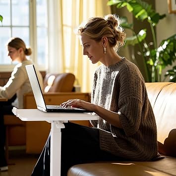 DUMOS Adjustable Bedside Overbed Table with Wheels, White | Laptop Standing Desk with Tilting Top Height, Mobile Rolling Computer Cart for Hospital Home Bedroom Use