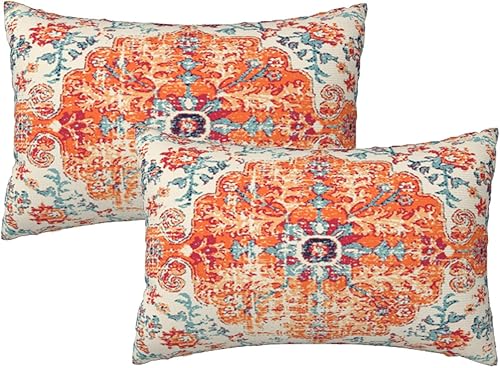 AEIOAE Juego de 2 fundas de almohada color naranja y azul de 12 x 20 pulgadas fundas de almohada bohemias diseño étnico para exteriores decoración
