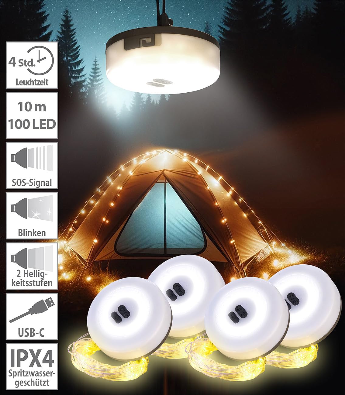 Lunartec Camping Lampe USB: 4er-Set 2in1-Akku-Campingleuchte mit Lichterkette, 6 Modi, IPX4, 10m (LED Lichterkette außen warmweiß, USB LED Lampe Camping)