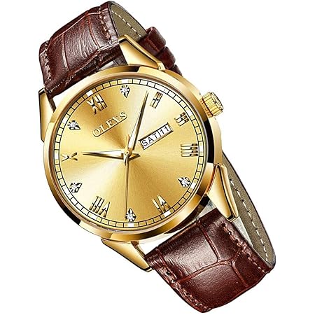 Amazon うで時計 メンズ 腕時計 男性用 時計 防水 ゴールド ブランド シンプル おしゃれ ビジネス ブラウン 革ベルト アナログ 日付 曜日表示 クオーツ 高校生 男 紳士 ゴールド 父の日 プレゼント Watch For Men Olevs メンズ腕時計