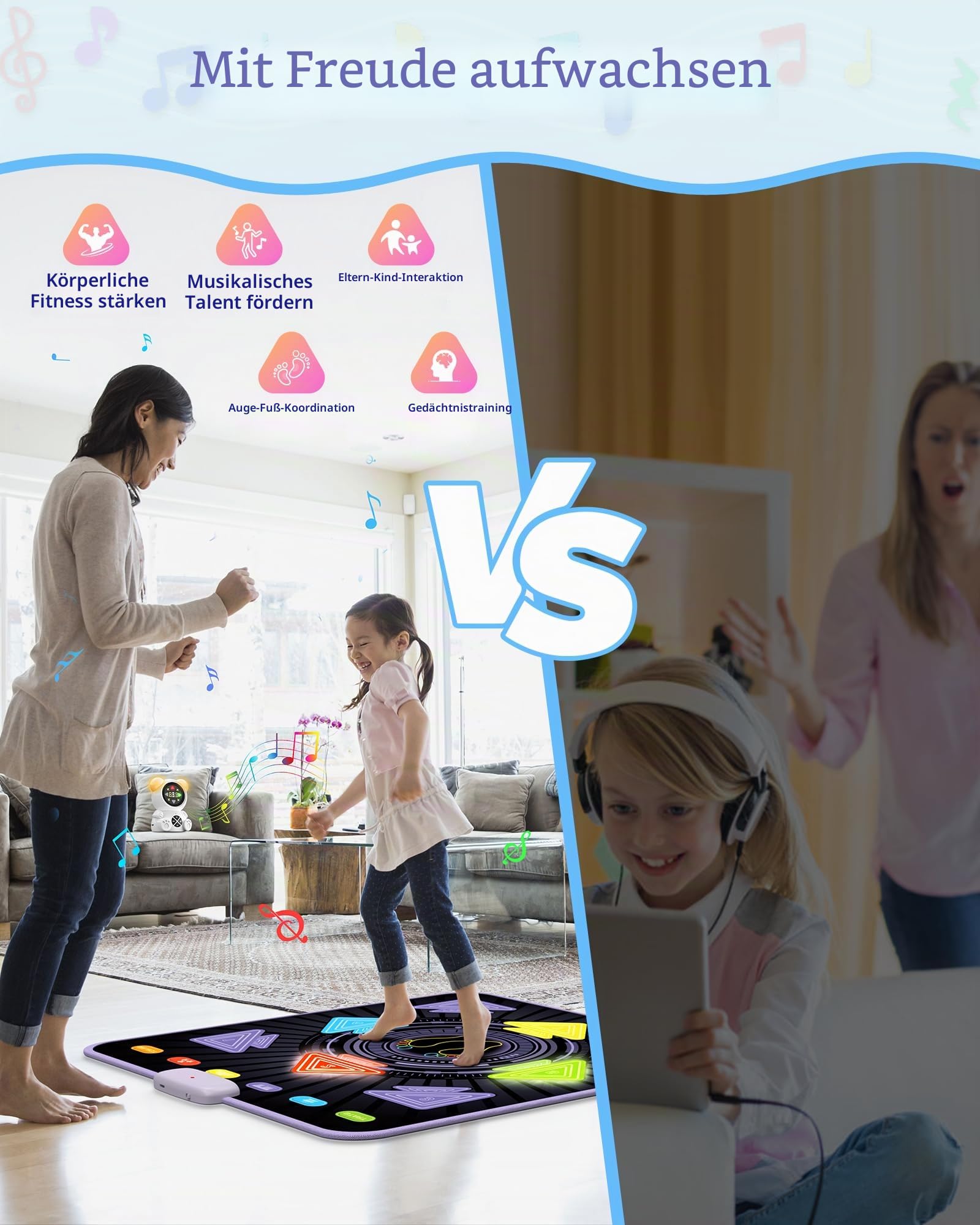 Tanzmatte Kinder - Wiederaufladbares elektronisches leuchtende Tanzmatte mit Bluetooth-Musikplayer & LED-Leuchten & T5 Spielmodi, Geschenk für Mädchen im Alter von 3-12 Jahren, Jungen