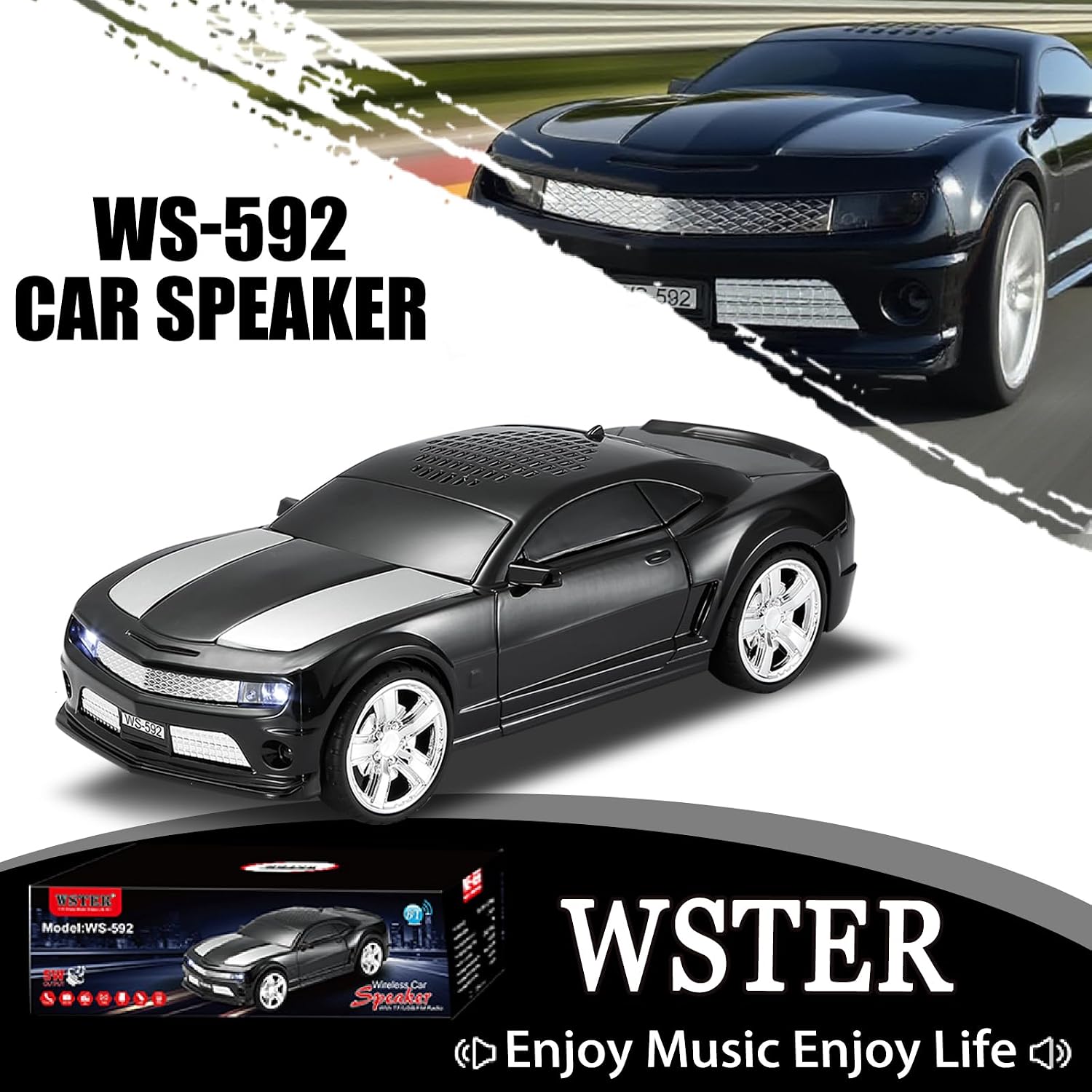 WSTER WS-592 Supercar Design Bluetooth Replica Speaker – Portable Car Model Wireless Speaker with TWS Stereo, FM Radio, LED Party Lights, USB/TF Playback, Hands-Free Calling, Microphone(Black)