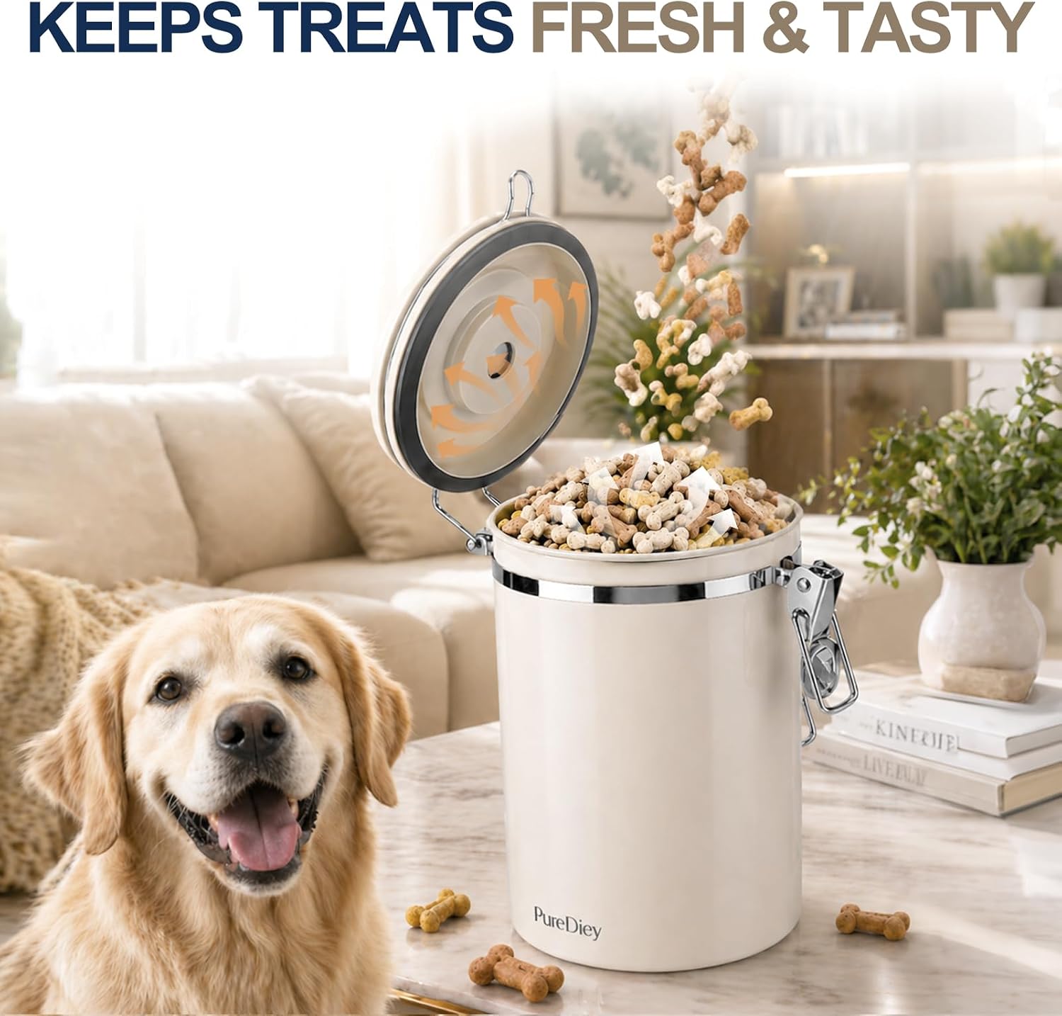 Dog Treat Container Airtight with Lid and Scoop - Stainless Steel Pet Treat Jar for Dog Cat Training Treats Storage - Moisture Proof Canister Keeps Treats Fresh (1.2L)