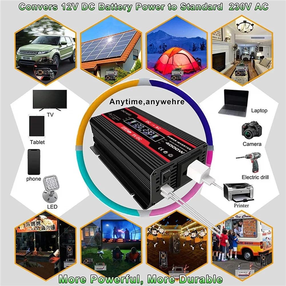 Przetwornica napięcia, Falownik solarny 4000 W DC 12 V do AC V/V Modyfikowany czysty sinusoidalny przetwornik napięcia Transformator samochodowy Do samochodu, kempingu, podróży(Nero)