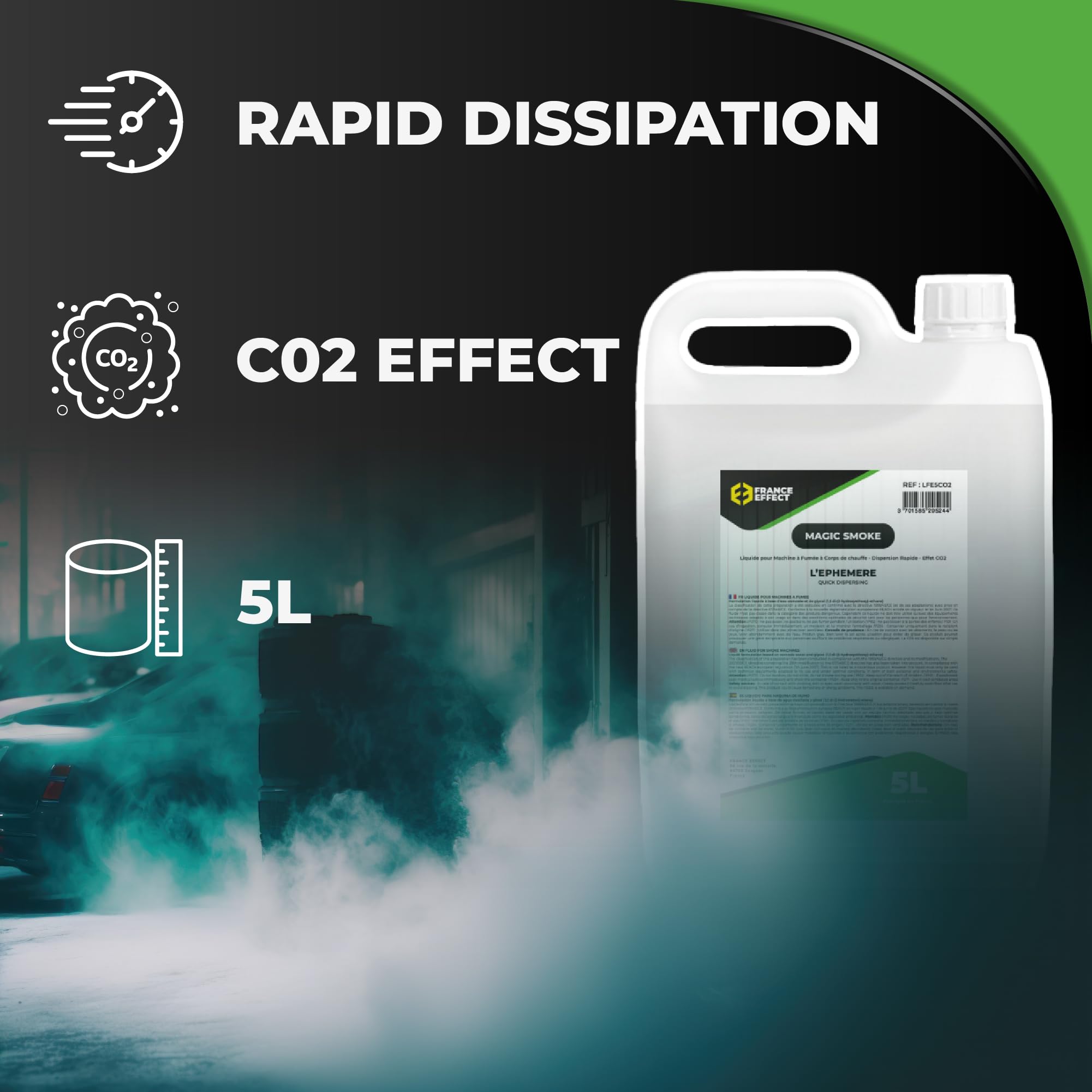 France Effect Liquide pour machine à fumée - EFFET CO2, fumée geyser courte durée - Magic Smoke® 5L - légère, Incolore. Inodore. Fabriqué en France.