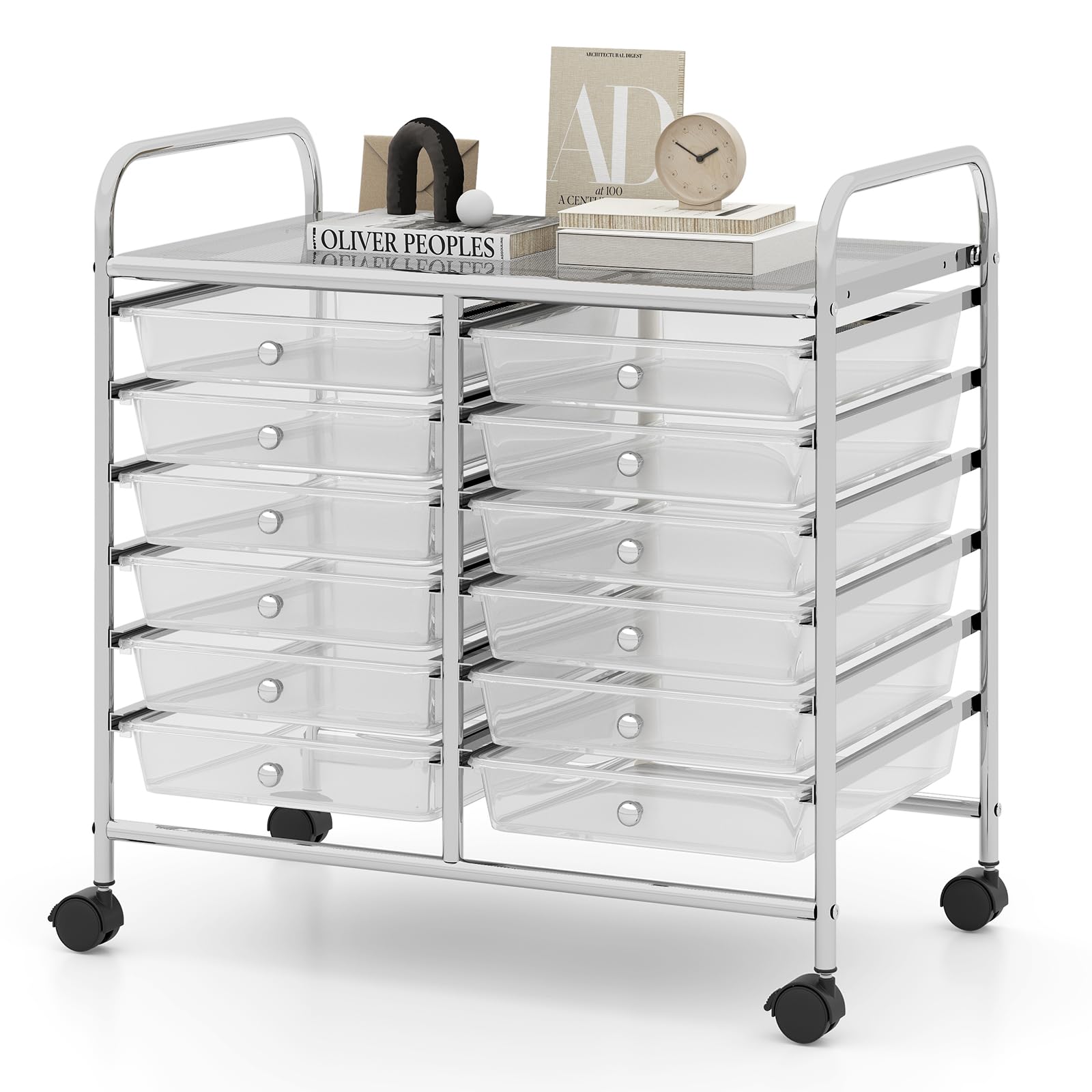 TANGZON 12 Drawers Storage Cart, Rolling Utility Cart with Lockable Wheels, Multipurpose Mobile Trolley Organizer for Home Office Stationery Beauty Salon (Transparent, 63 x 37 x 63cm)