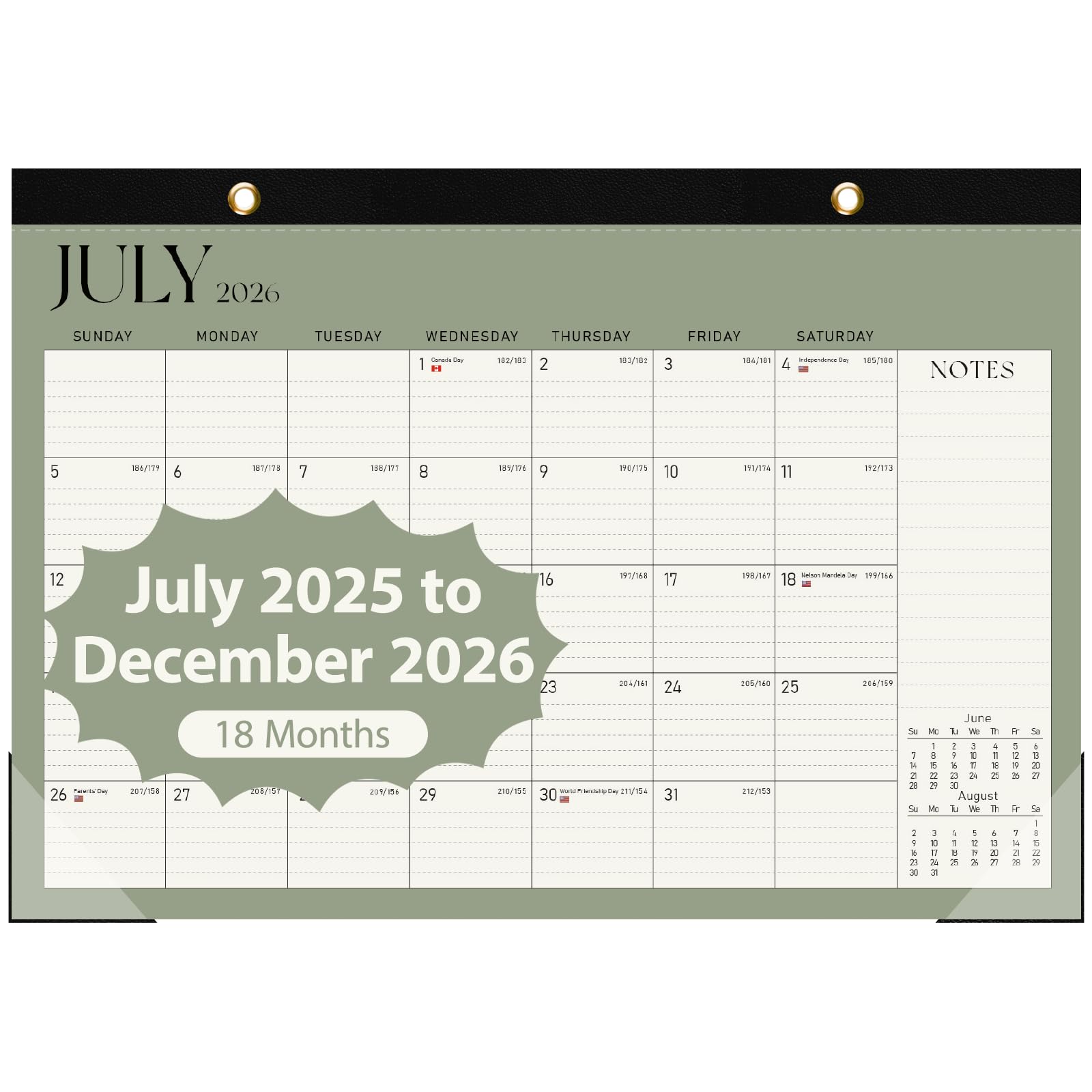 Tischkalender 2025–2026, 18 Monate, Juli 2025 bis Dezember 2026, großer 43,2 x 30,5 cm, Desktop/Wand-Monatskalender für Zuhause oder Büro, Grün