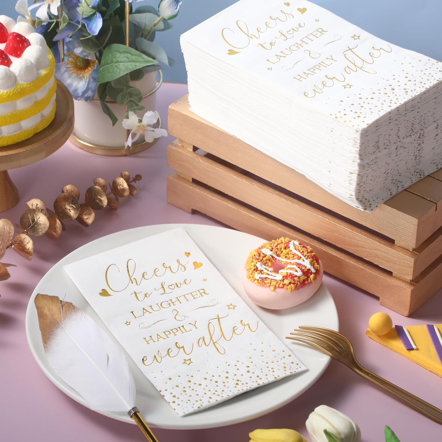 Pasimy 100 Pieces Bridal Shower Napkins Cheers to Love Laughter and Happily Ever After Disposable Decorative Wedding Paper Dinner Napkins for Banquet Engagement Party Decoration Supplies (Gold)