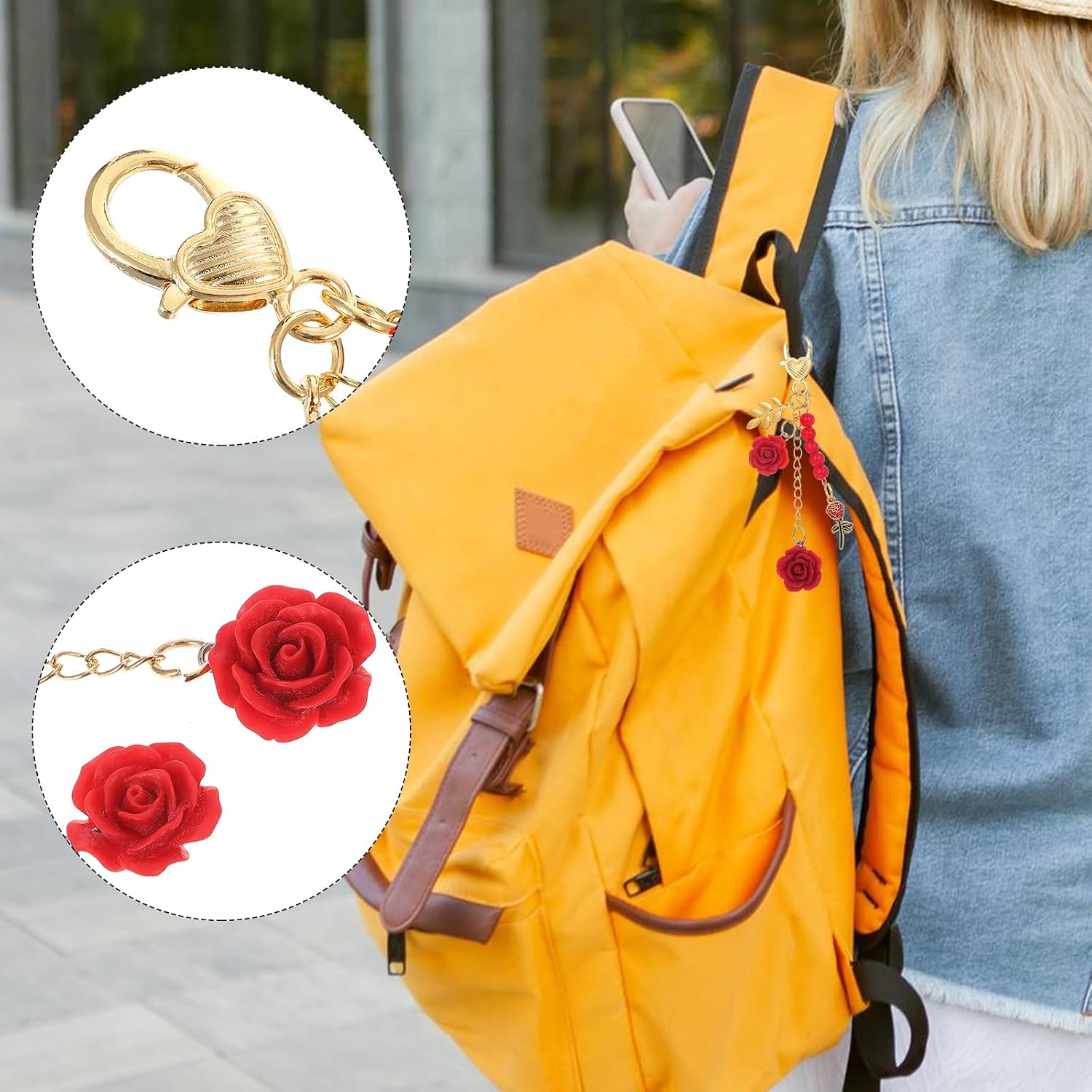 Apausvcm Rose Keychain, Flower Bag Charms Keychain with Tassel Chain Cute Red Rose Pendant Keyring for Handbags Bag Purse Wallet Cellphone Car