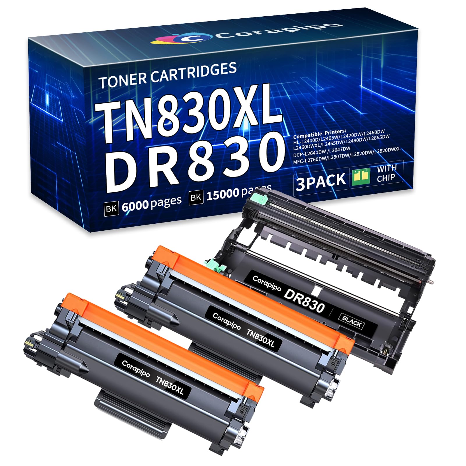 TN830XL Kasety z tonerem i zamiennik bębna DR 830 do drukarek Brother TN830 TN 830XL DR-830 3-pak | praca dla drukarek Brother HL-L2405W HL-L2460DW HL-L2480DW DCP-L2640DW MFC-L2820DW