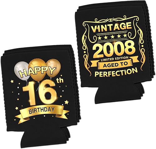 Miniatura 3 de Paquete de fundas enfriadoras de latas de cumpleaños de 16 a 16 años, decoraciones de aniversario de 12 a 16 años, suministros para fiestas de