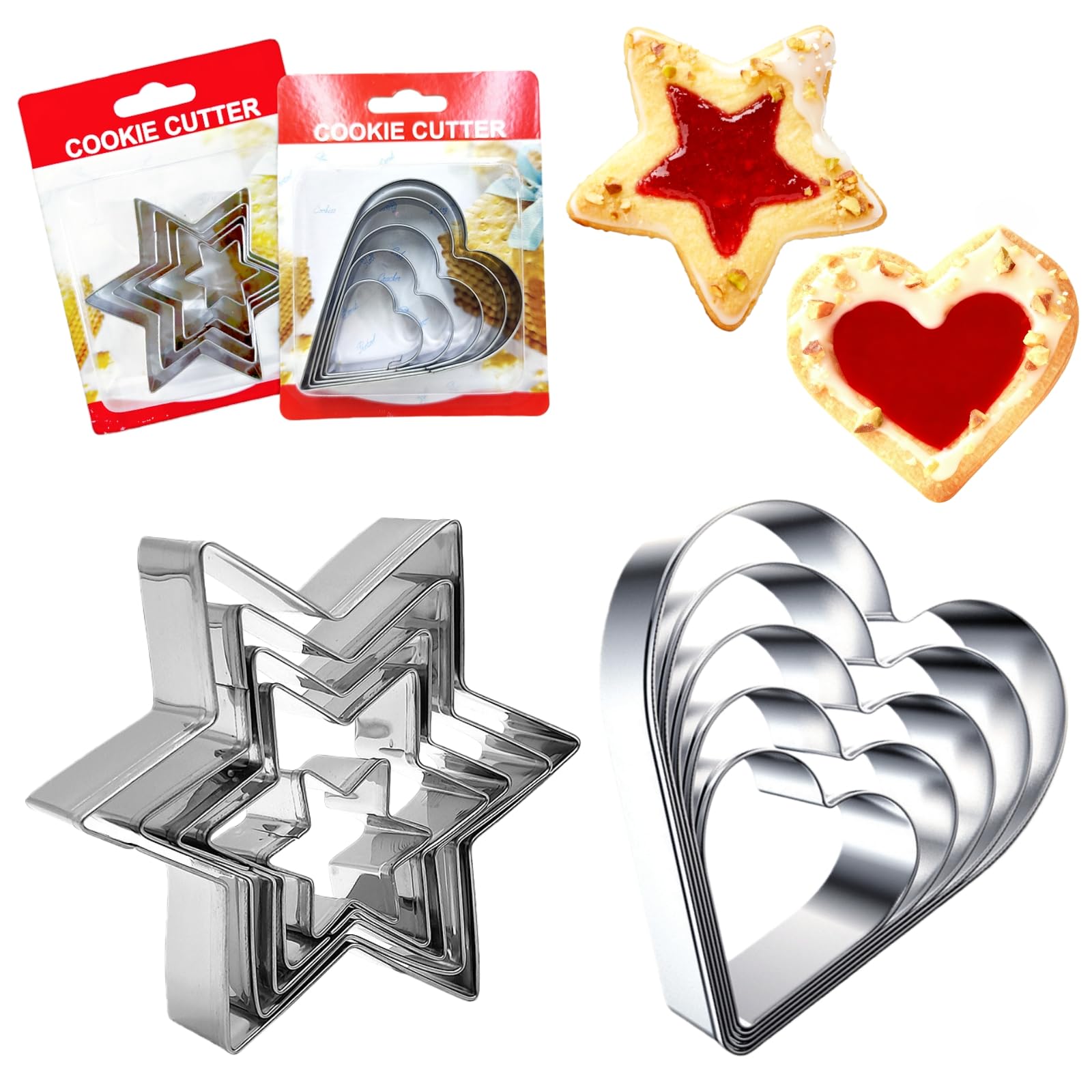 SamHeng Cookie Cutter Set,10 PCS Stainless Steel Biscuit Cutters Star and Heart Shaped Cutters for Baking Biscuits Candy Cake, Birthday Christmas Valentine's Day Gift