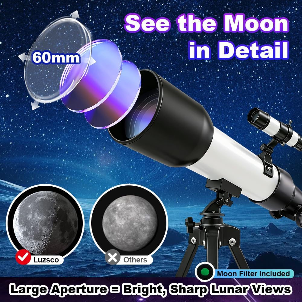 Telescope for Kids 60mm 90x Magnification with Sturdy Tripod, 2 Eyepieces & Finder Scope, 360mm Tube, STEM Astronomy Educational Gift for Boys & Girls 6-12