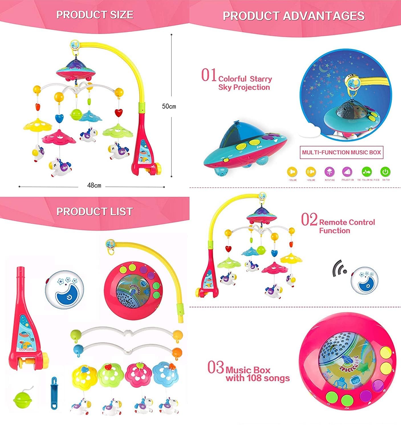 Magicwand® R/C ABS Plastic Baby Bed Musical Cot Rotating Projection Toy【3 Months & Up】【Pack of 1】【Multi-Colored】 - Image 2 thumbnail