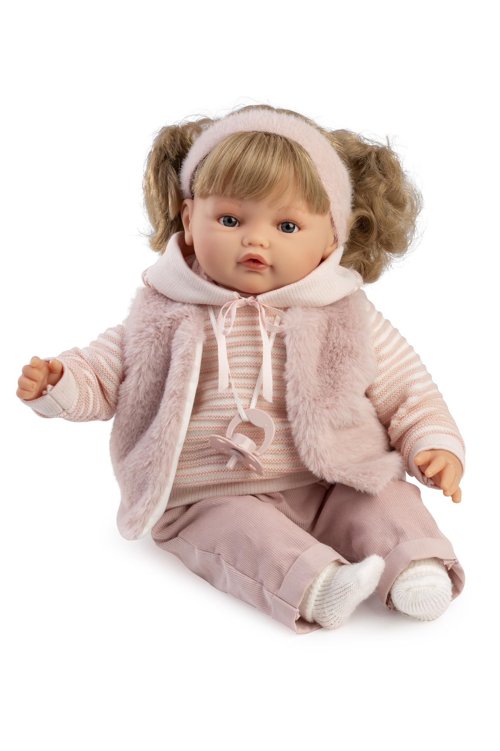 Muñecas Antonio Juan Beni Lloro Jersey Rayas, Muñeca con Mecanismo de Lloro, 42 cm, Cuerpo Blandito, Incluye Pantalón, Jersey, Babero, Diadema, Toquilla y Chupete, Multicolor, 3+ Años
