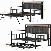 Vista 2 de Daybed with Trundle and LED Light, Heavy Duty Metal Full Bed Frame with Upholstered Storage Headboard & Charging Station, Day Bed Pop Up Trundle Bed