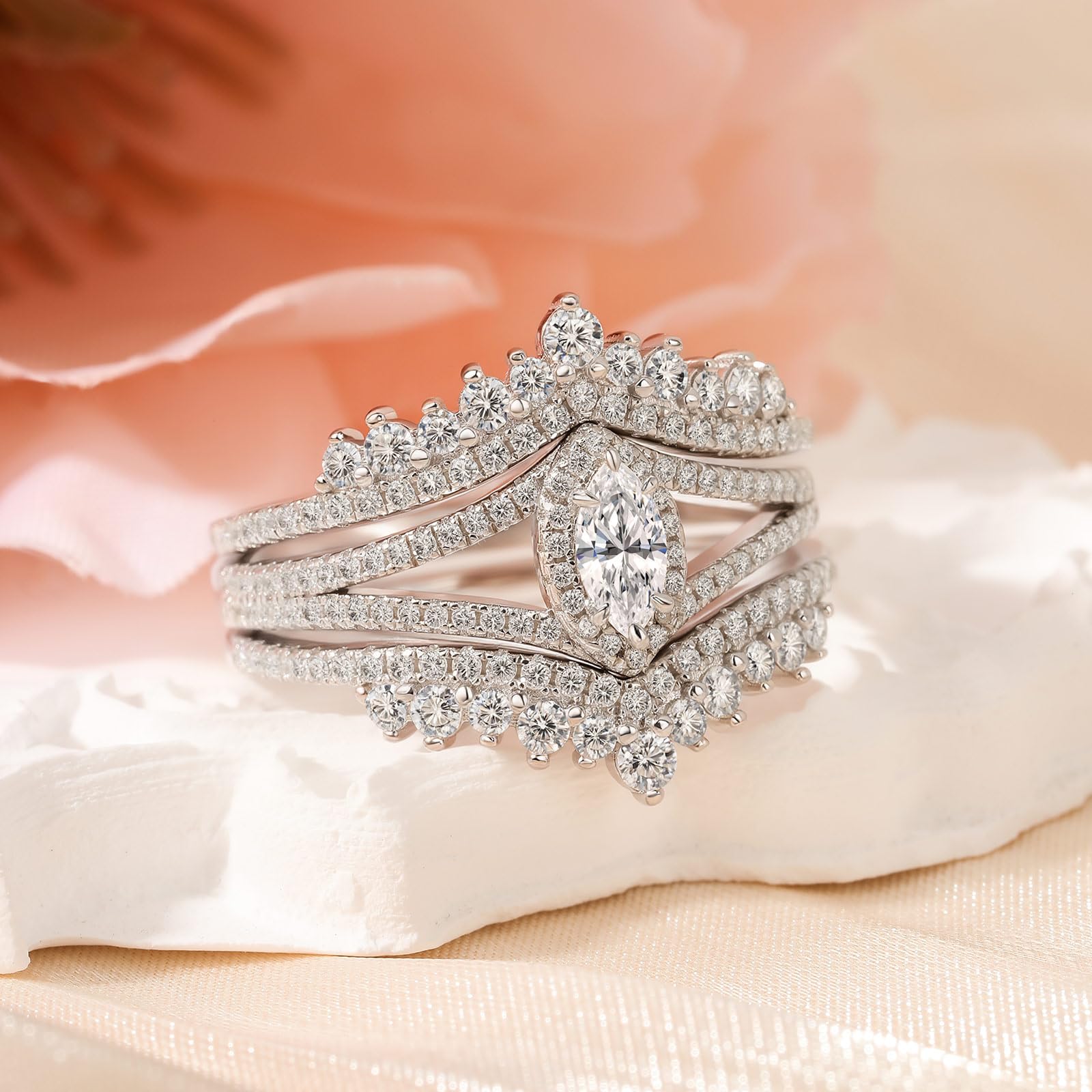 Damen Moissanit Ring Set Vintage Halo Marquise Vorsteckring 925er Sterling Silber Doppelring Rundschliff Stapelring Elegant Hochzeitsring Band Ring für Valentinstag Verlobung