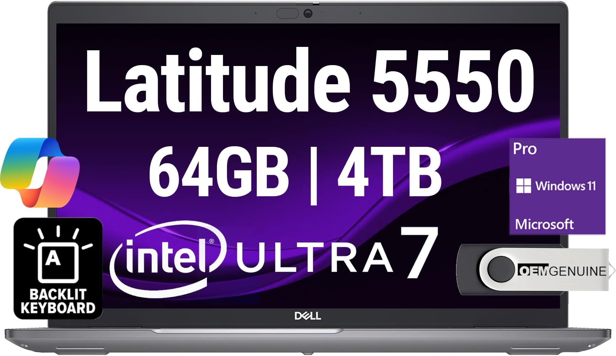 Dell Latitude 5550 Business Notebook 15.6" FHD Intel Ultra 7-155U (Beats i7-1355U), 64GB DDR5 RAM, 4TB NVMe, Wi-Fi 6E, BT, Backlit Keyboard, HD Webcam, RJ-45, Win 11 Pro
