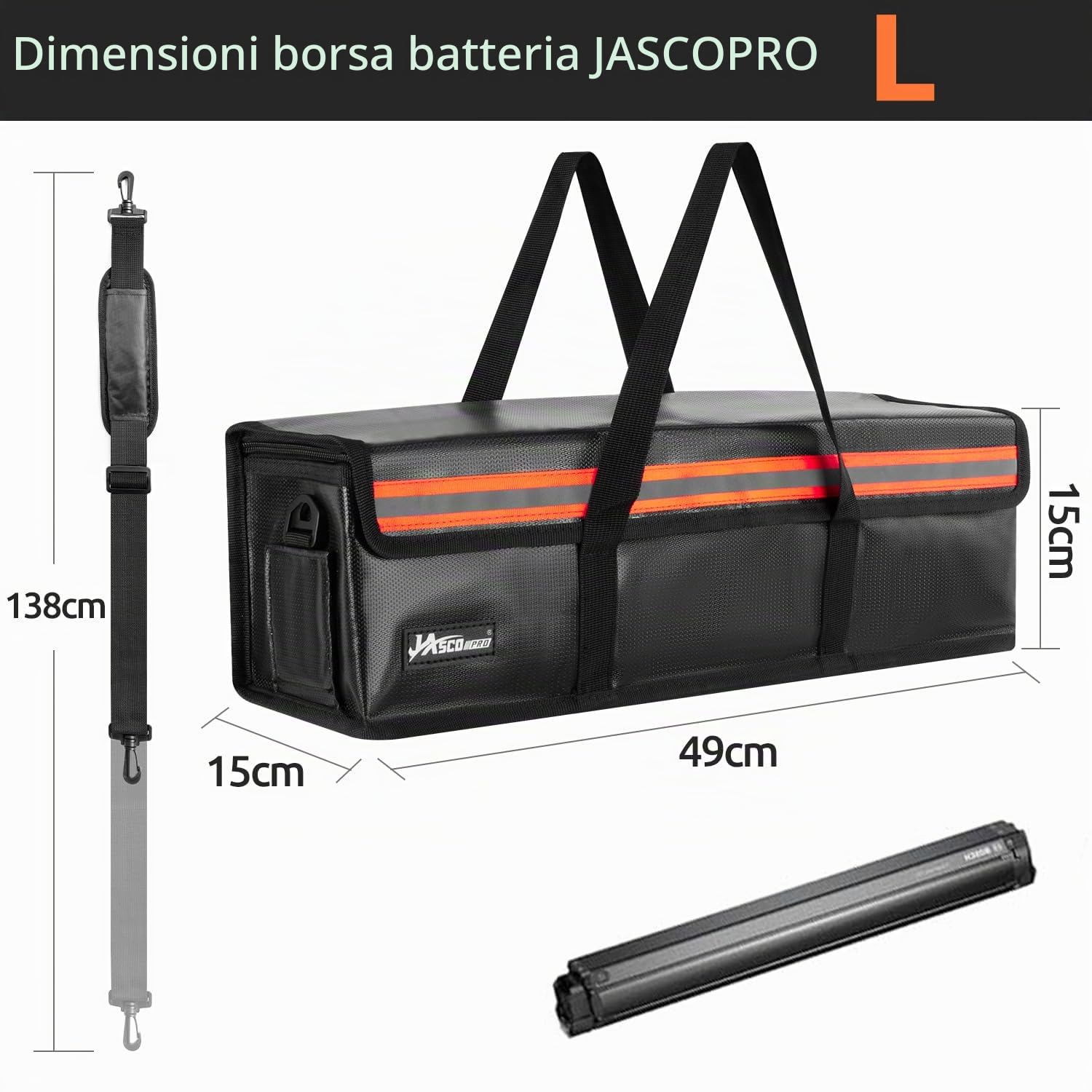 JASCOPRO Borsa per batteria Ebike, 8 strati di protezione antincendio borsa per batteria ignifuga fino a 1400°C 49 * 15 * 15cm (L)