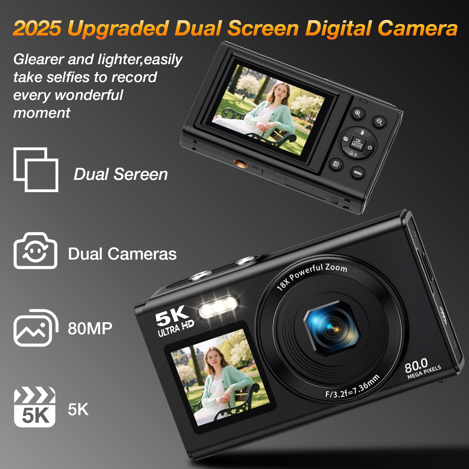 Fotocamera digitale a doppio schermo 5K per Vlogging, fotocamera WiFi da 80 MP con display frontale, zoom 18x, luce di riempimento, include scheda da 64 GB e 2 batterie