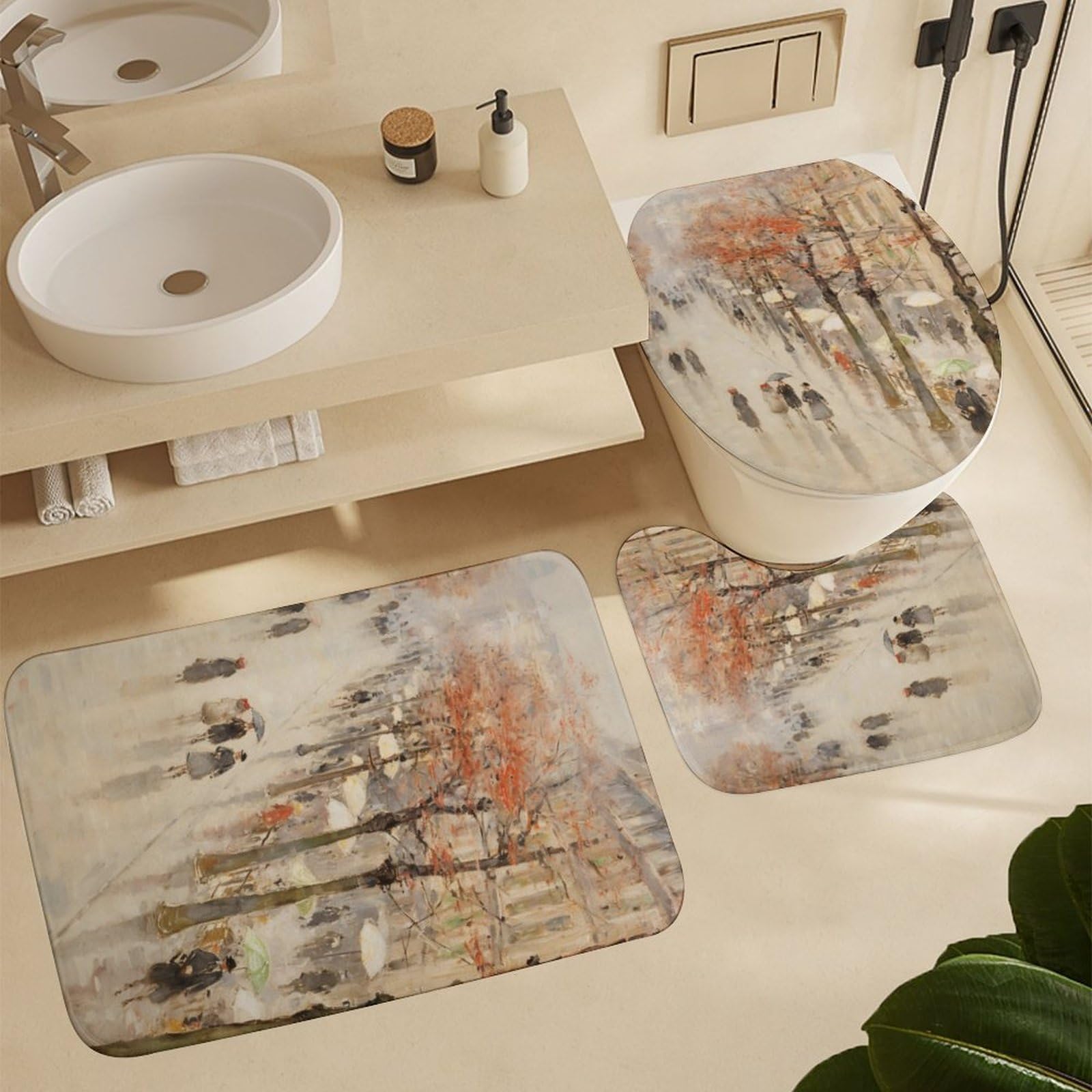 Set di 4 tende da doccia impermeabili astratte per il bagno, set di decorazioni per il bagno in stile country francese con tenda da doccia e tappeti e accessori