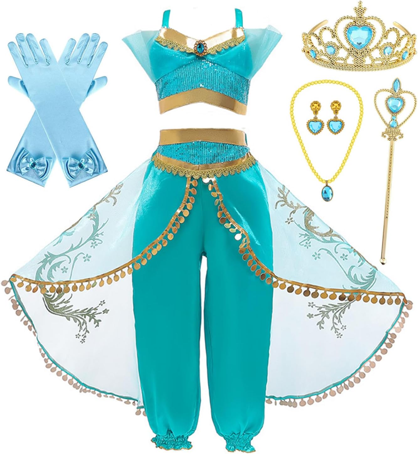 Jasmine Costume Kids Princess Jasmine Dress Up for Girls with Accessories Deluxe Girls Fancy Dress for Party Cosplay Birthday Party Halloween Christmas 5-6 Years A/130