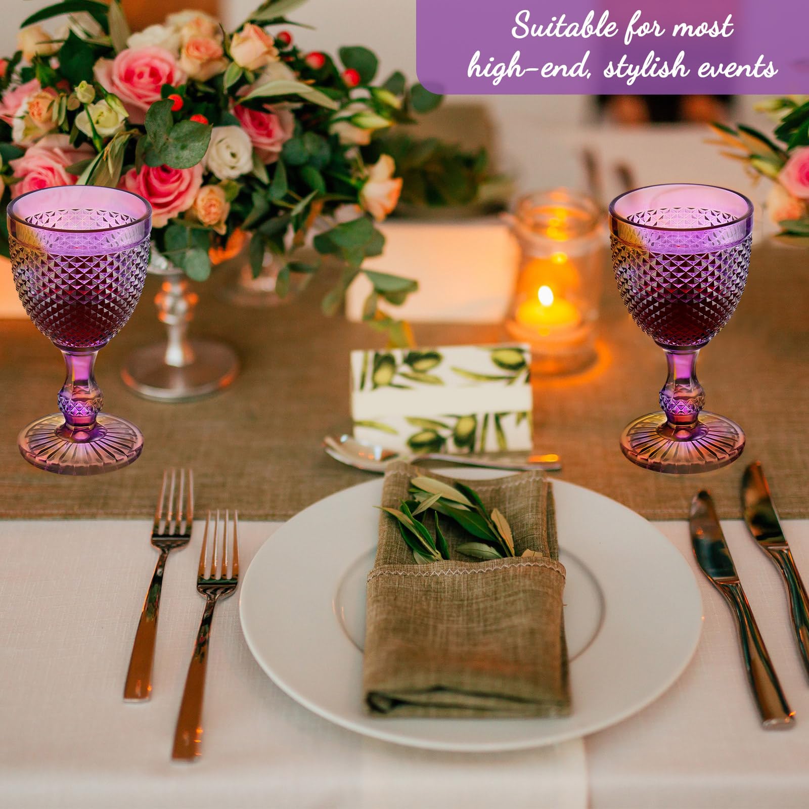 Bokon 12 Pack Wine Glasses Red Wine Glass Goblets High Clear Wine Glass 10 oz Vintage Glass Goblet Embossed Diamond Design Glassware Goblet with Stem for Juice Liquor Party Wedding Bar (Purple)