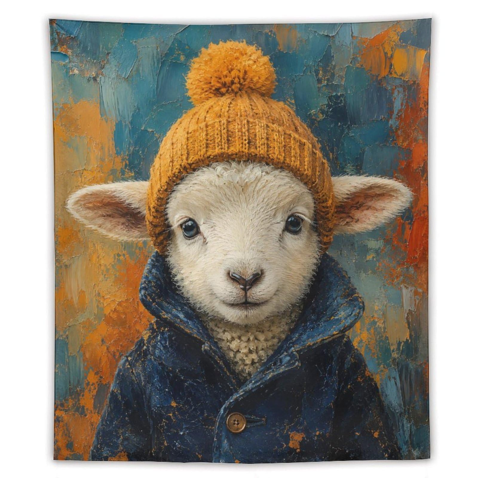 H3B8U2Y5 Lamb Winter Hat Portrait Wall Tapestry, Soft Snow Mood
